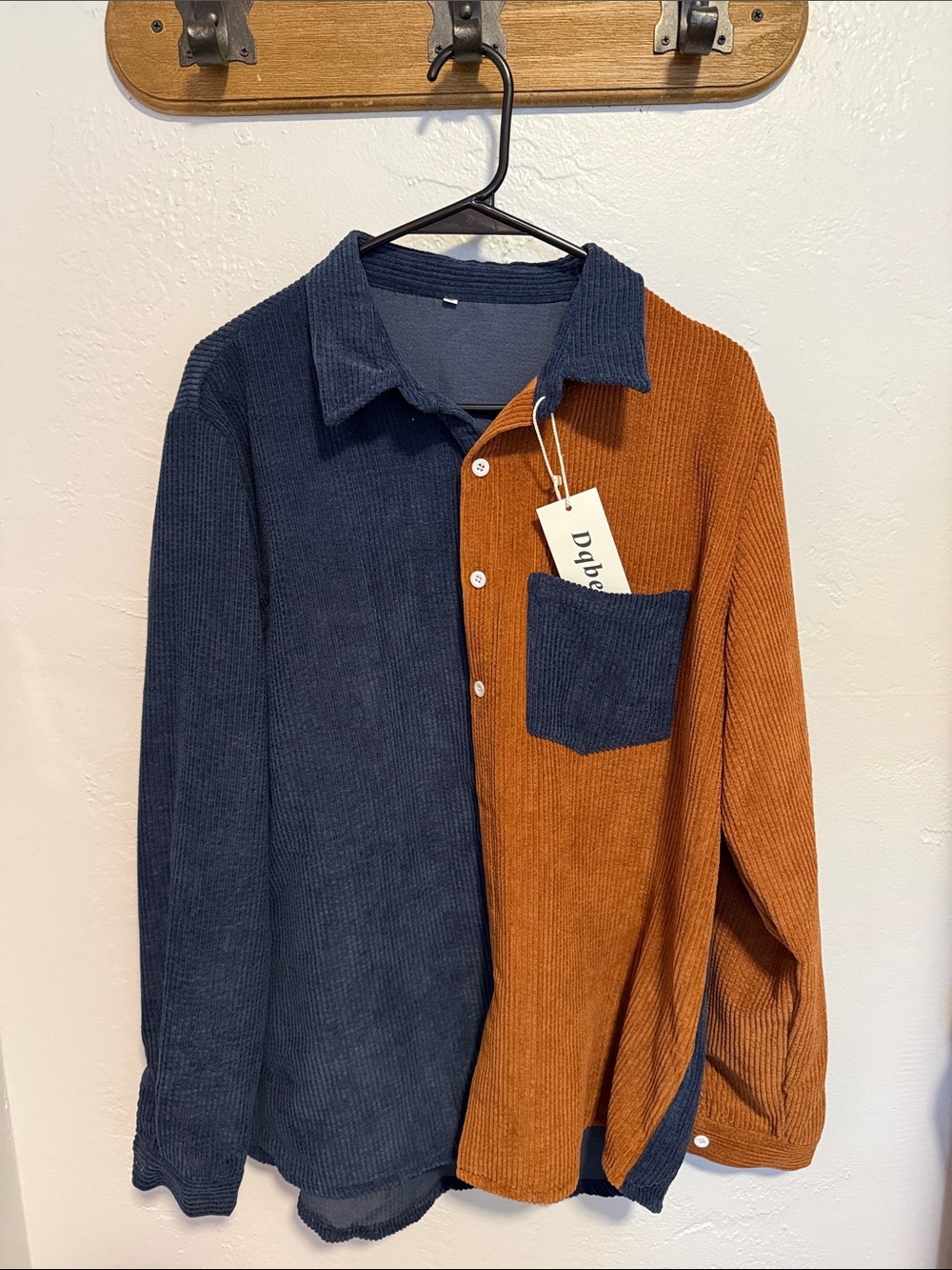 Two-Tone Corduroy Button-Down Shirt - Navy & Rust